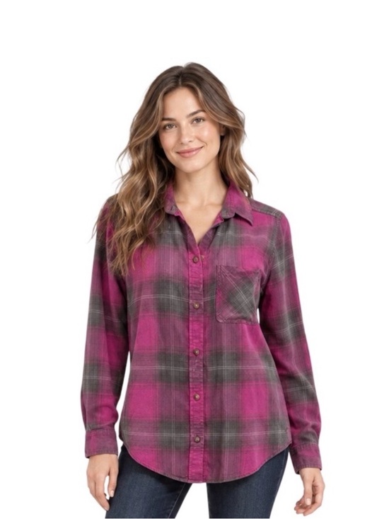 American Eagle Outfitters Tops - American Eagle Vintage Boyfriend Pink Gray Plaid Flannel Button-Down XS